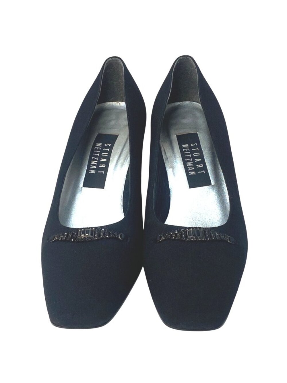 Stuart Weitzman Black Crystal Embellished Block Heel Square Toe Pumps Size 7.5B